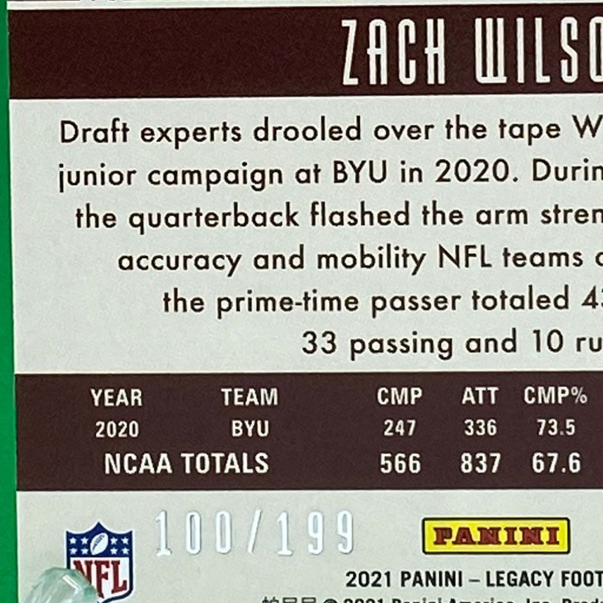 Raw Individual Card: 2021 Legacy Football Base Rookies, Parallel Card Orange (#/199) - Zach Wilson (#143) - Hails Mary Cards