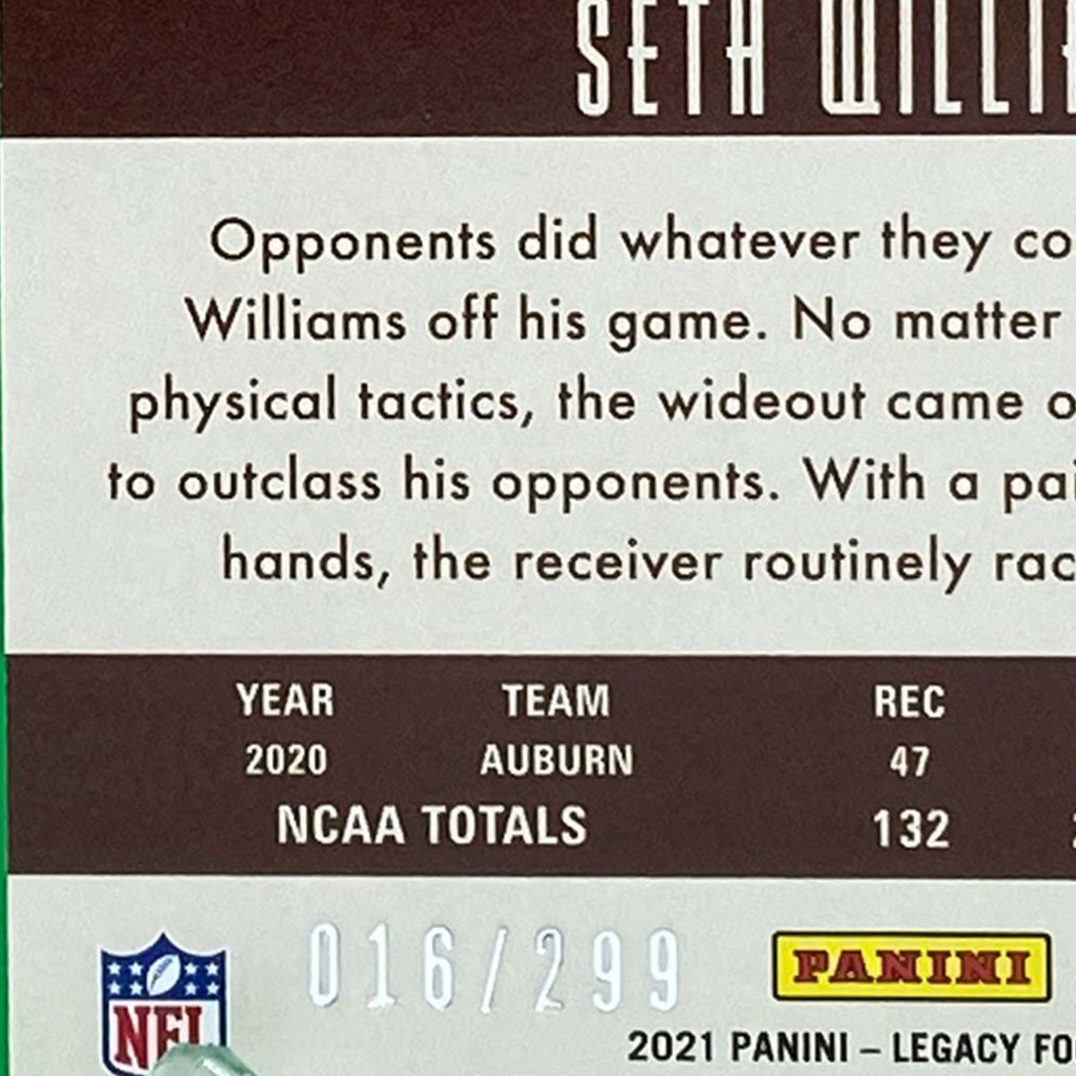 Raw Individual Card: 2021 Legacy Football Base Rookies, Parallel Card Red (#/299) - Seth Williams (#159) - Hails Mary Cards
