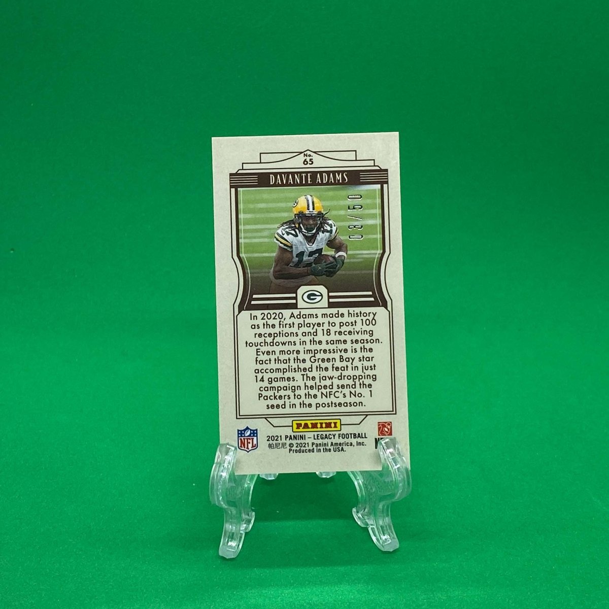 Raw Individual Card: 2021 Legacy Football Base Set, Premium Edition Mini Sapphire (#/50) - Davante Adams (#65) - Hails Mary Cards