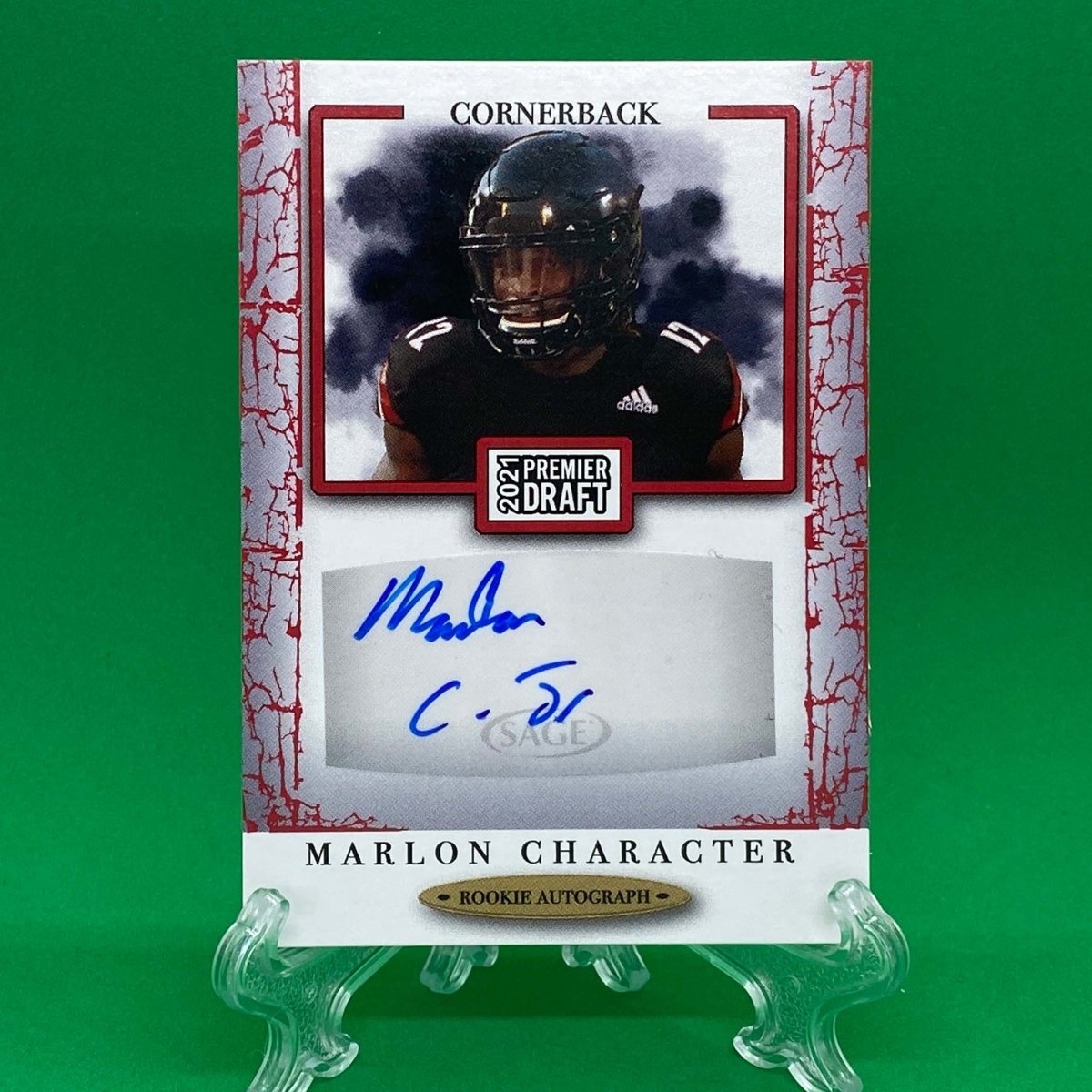 Raw Individual Card: 2021 Hit Premier Draft Low Series Football Base Rookie Autograph, Red - Marlon Character .Jr Autograph (#A36) - Hails Mary Cards