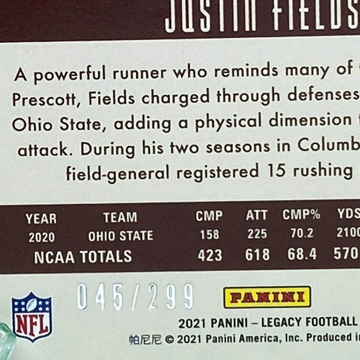 Raw Individual Card: 2021 Legacy Football Base Rookies, Parallel Card Red (#/299) - Justin Fields (#142) - Hails Mary Cards