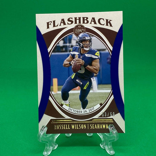 Raw Individual Card: 2021 Legacy Football Flashback, Parallel Card Blue (#/50) - Russell Wilson (#FB-23) - Hails Mary Cards